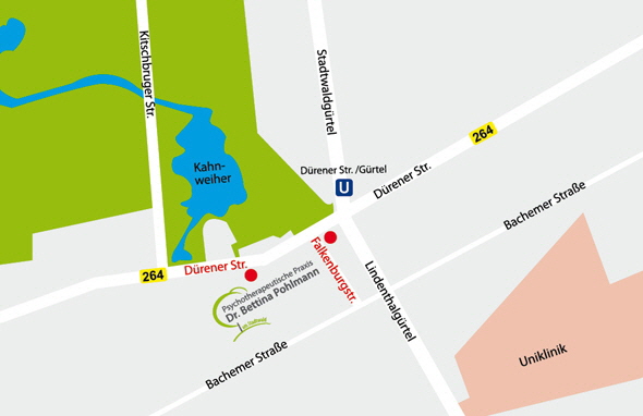 Anfahrtsskizze zur Psychotherapeutische Praxis Dr. Bettina Pohlmann, Falkenburgstr.12 und Dürener Str. 270 in 50935 Köln Anfahrtsskizze zur Psychotherapeutische Praxis Dr. Bettina Pohlmann, Falkenburgstr.12 und Dürener Str. 270 in 50935 Köln